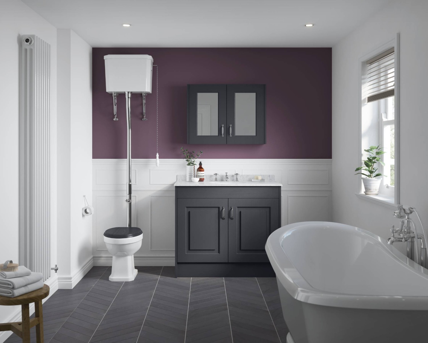 purple and white traditional bathroom