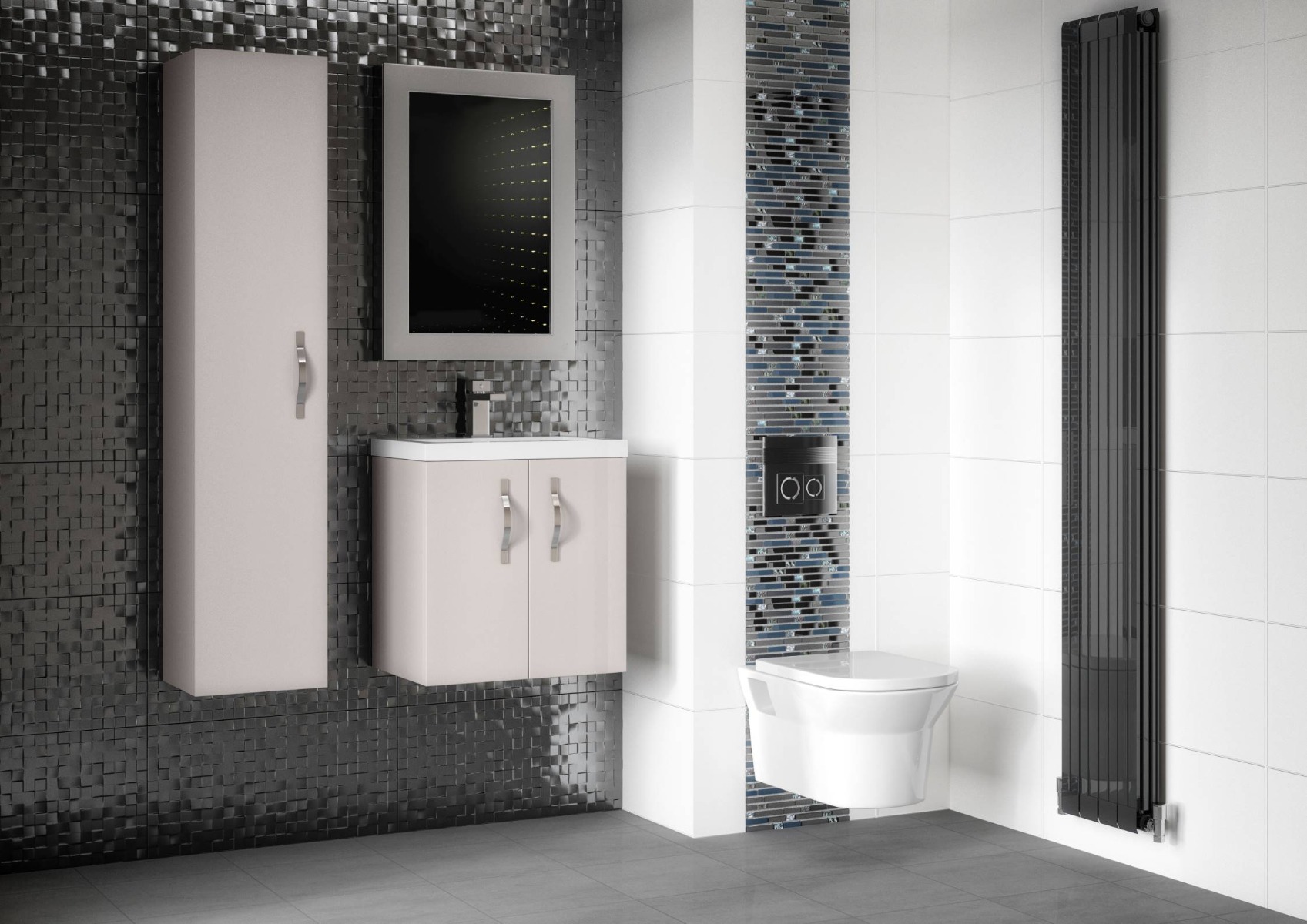 black and white bathroom with shiny tiles and cream furniture