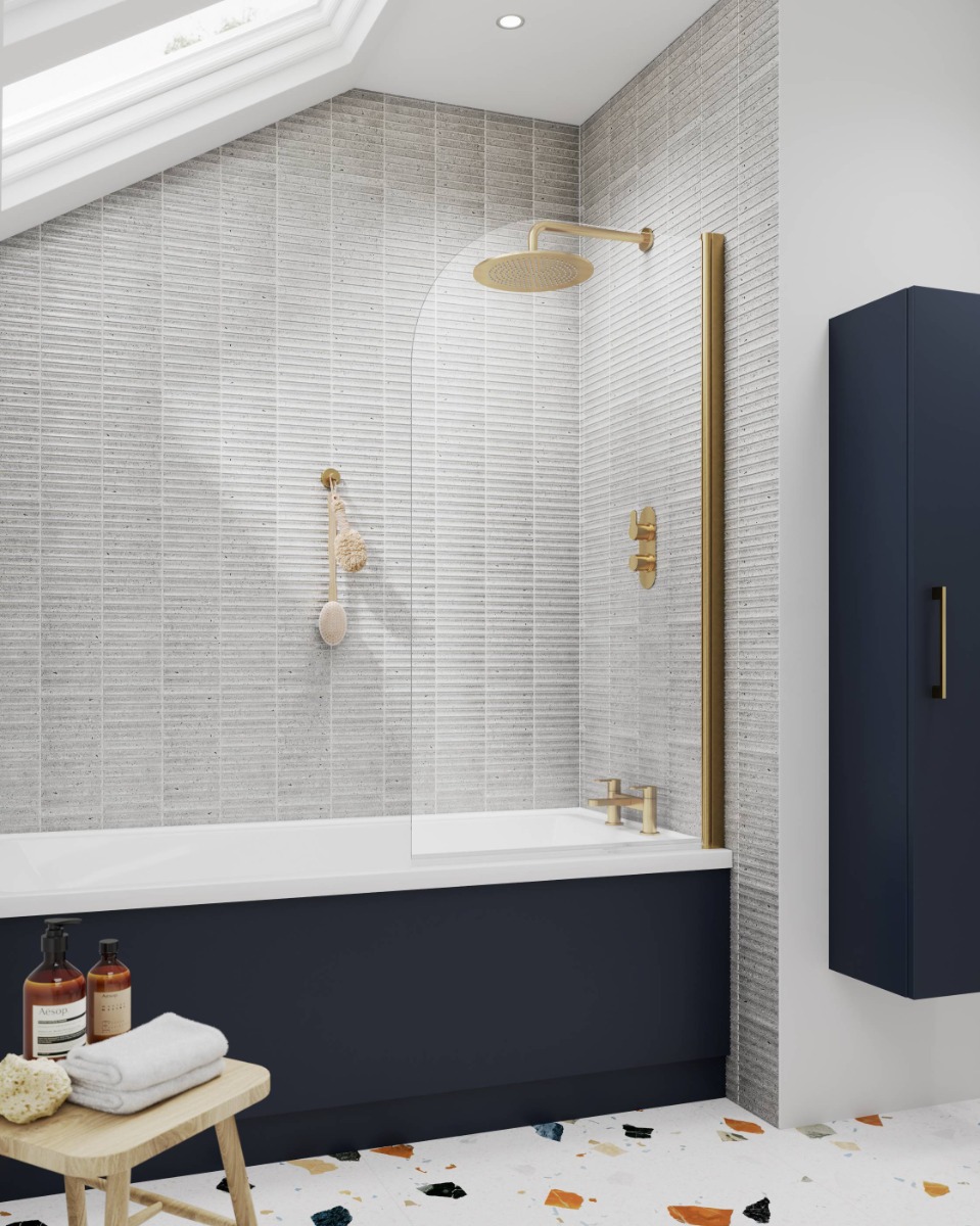 grey, white and blue bathroom with brushed brass shower