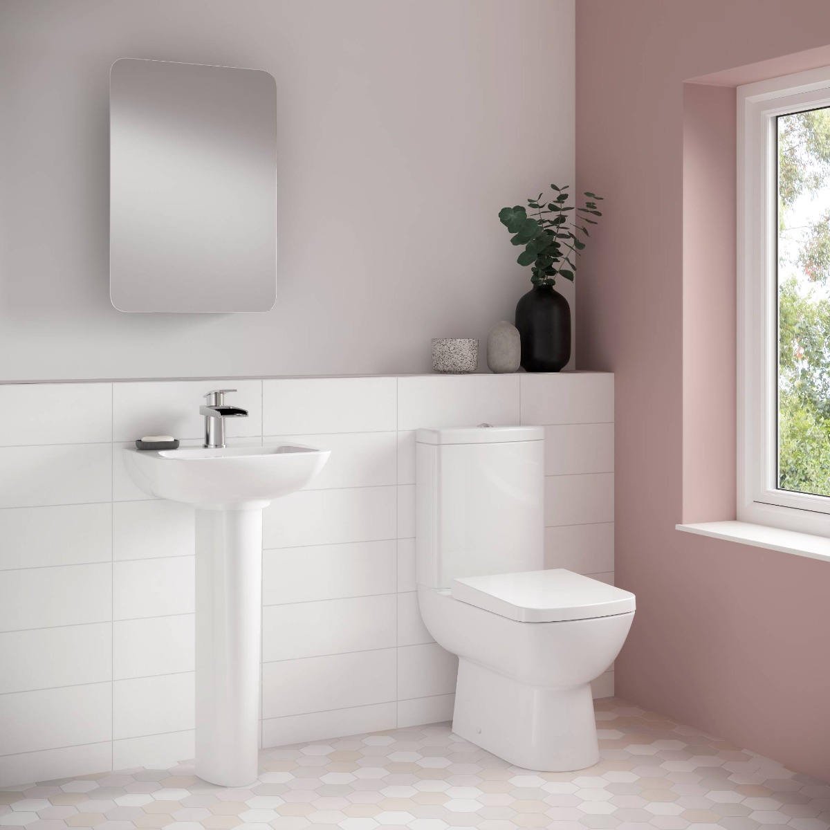light pink feature wall in white bathroom 