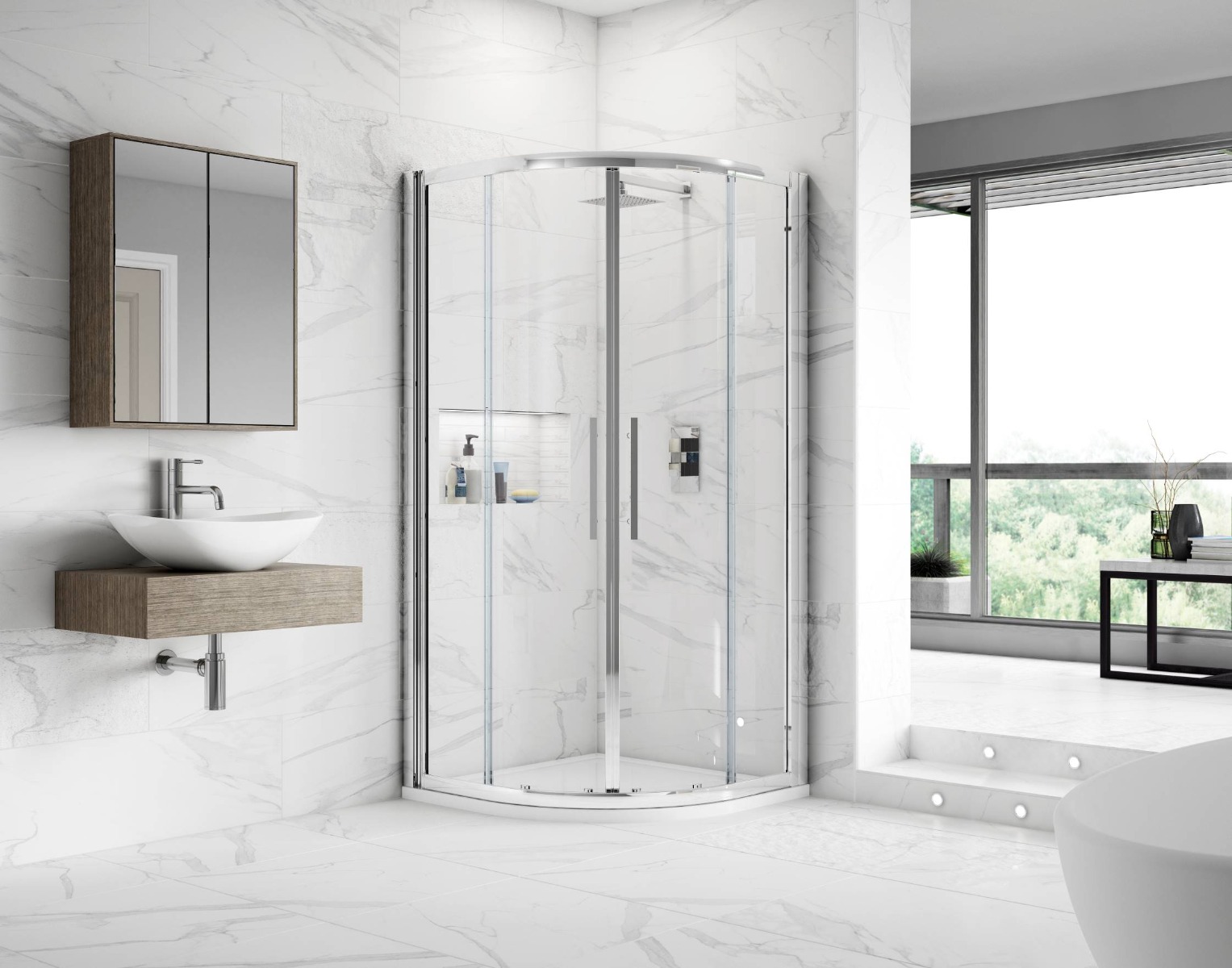 marble white bathroom with corner shower