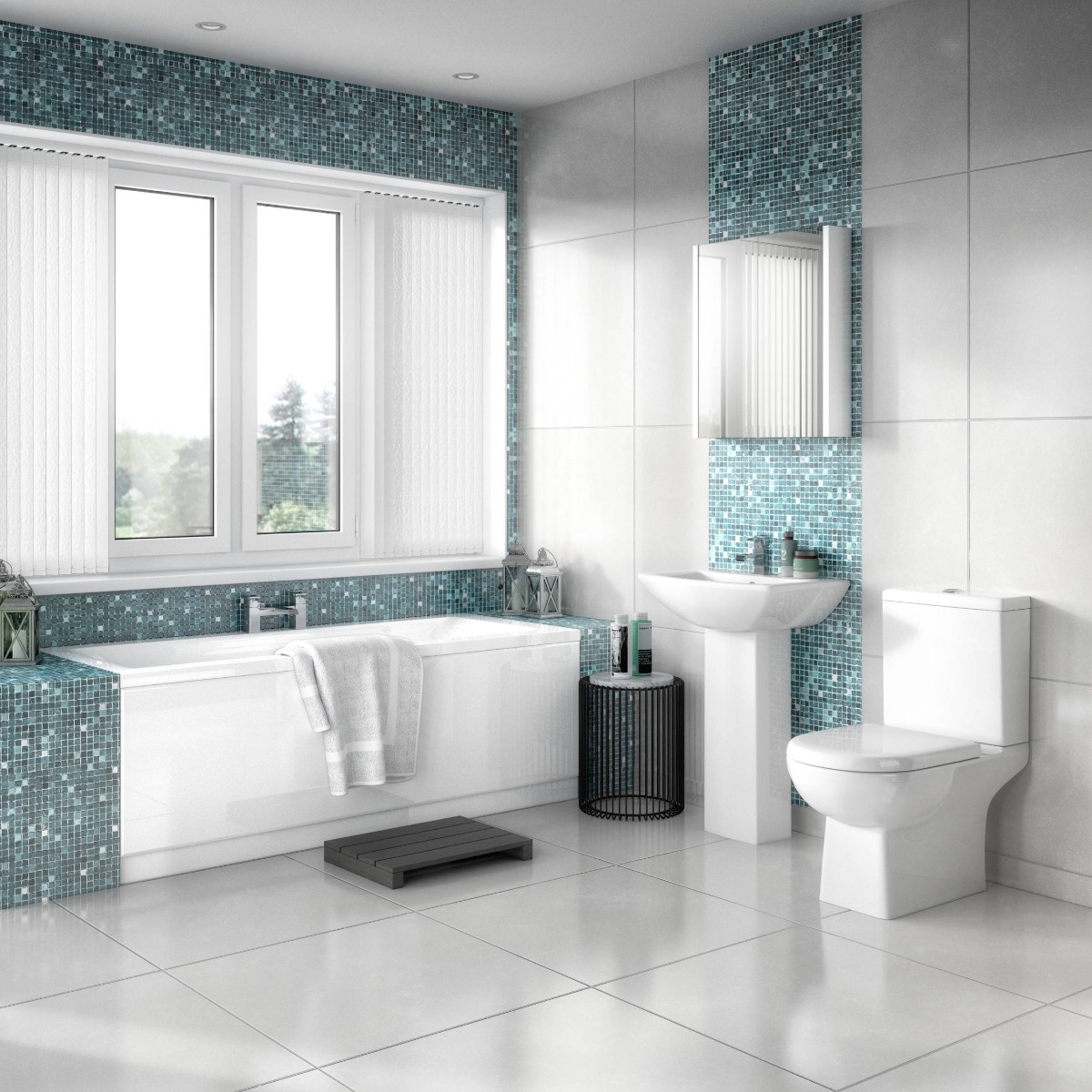 blue and white bathroom with small blue wall tiles