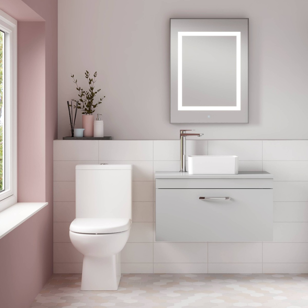 grey vanity unit in pink bathroom