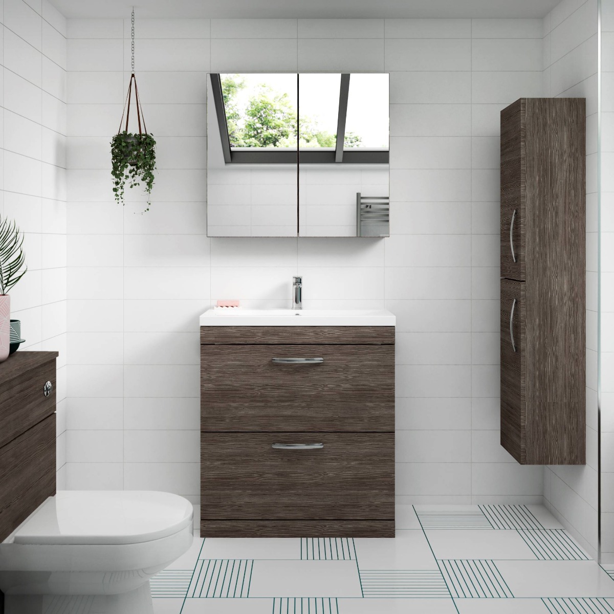 white bathroom with wooden furniture