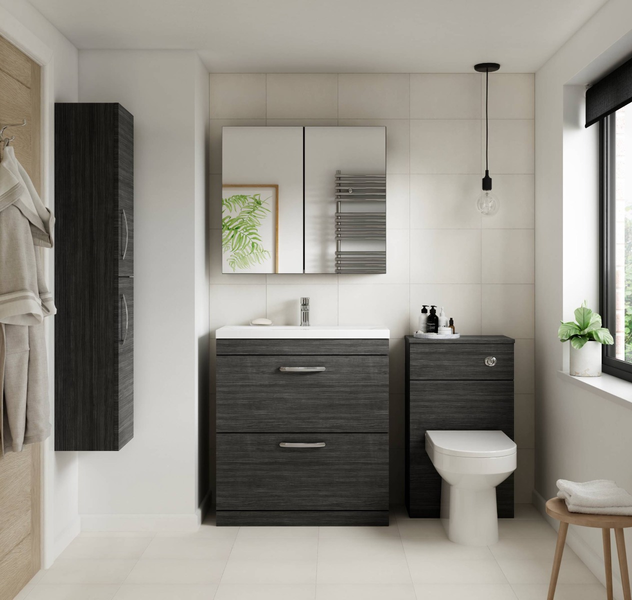 dark grey bathroom furniture in white bathroom