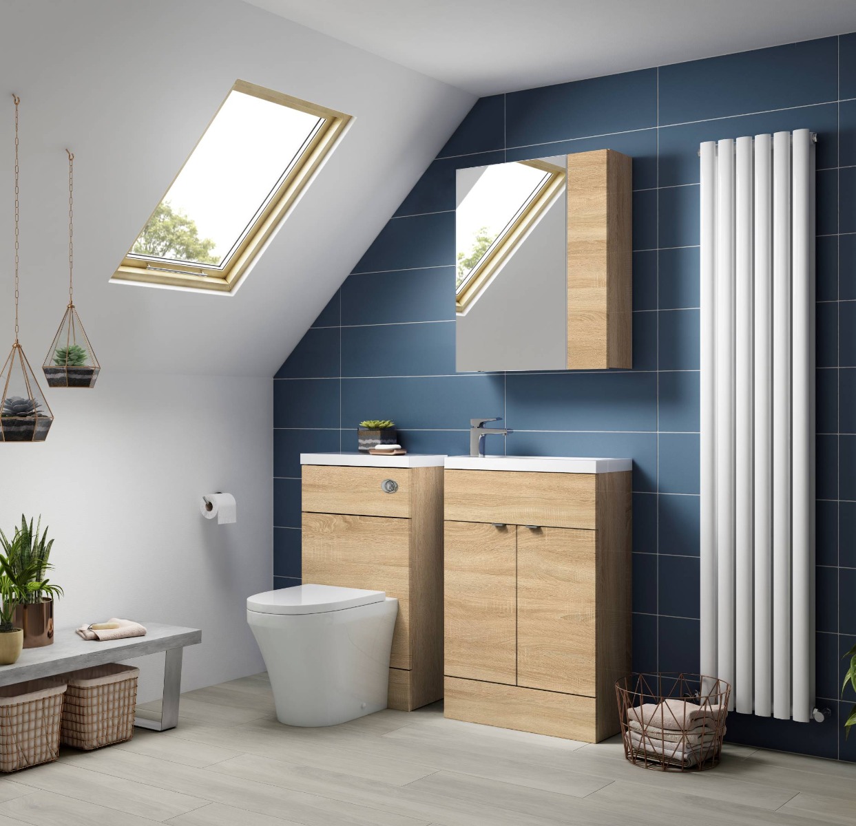 large blue wall tiles with white bathroom and oak bathroom features