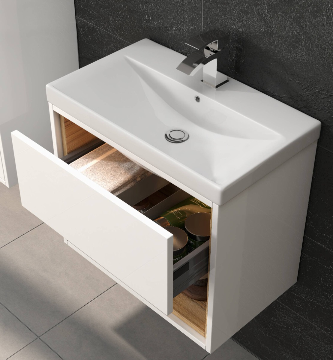 white floating bathroom basin vanity with drawers