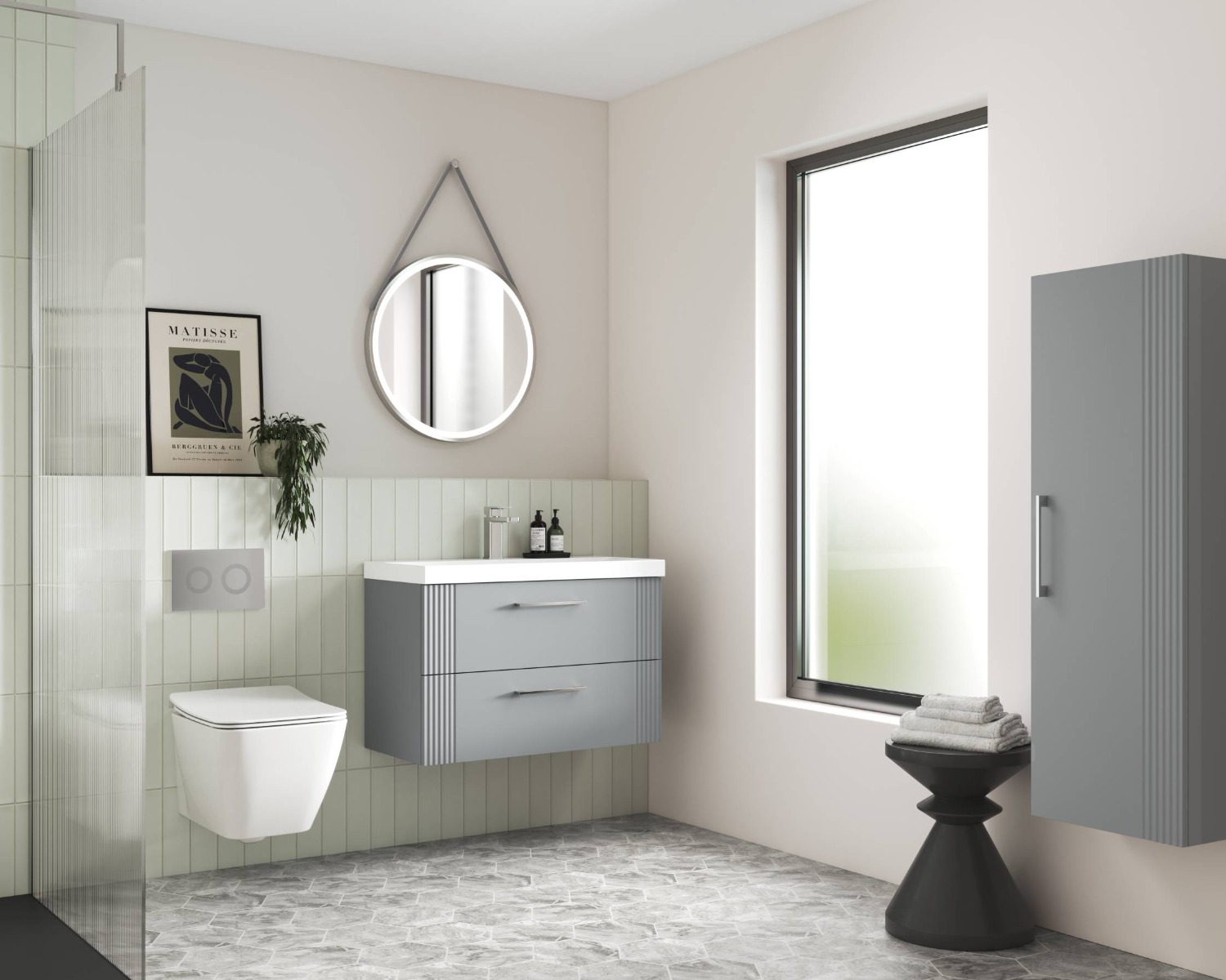 wall hung toilet in white, green and grey bathroom