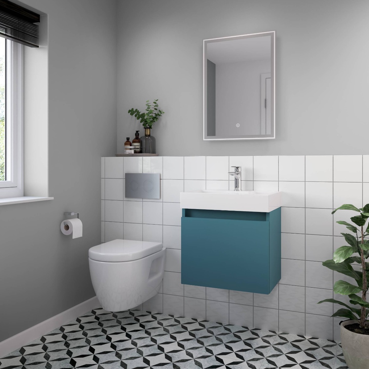 white and grey bathroom with bright blue floating vanity unit