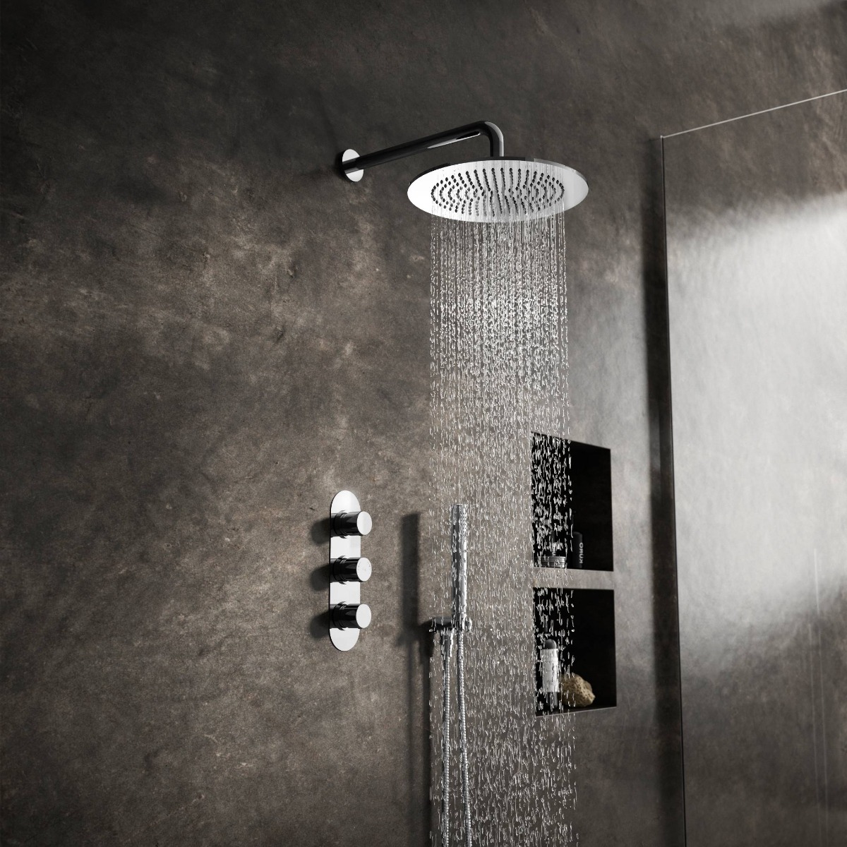 dark rustic wall tiles in wet room shower