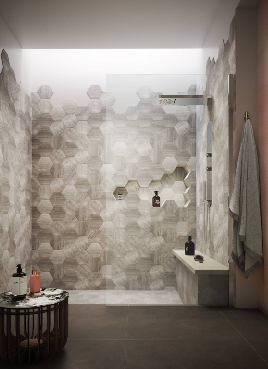geometric tiles in walk in shower 