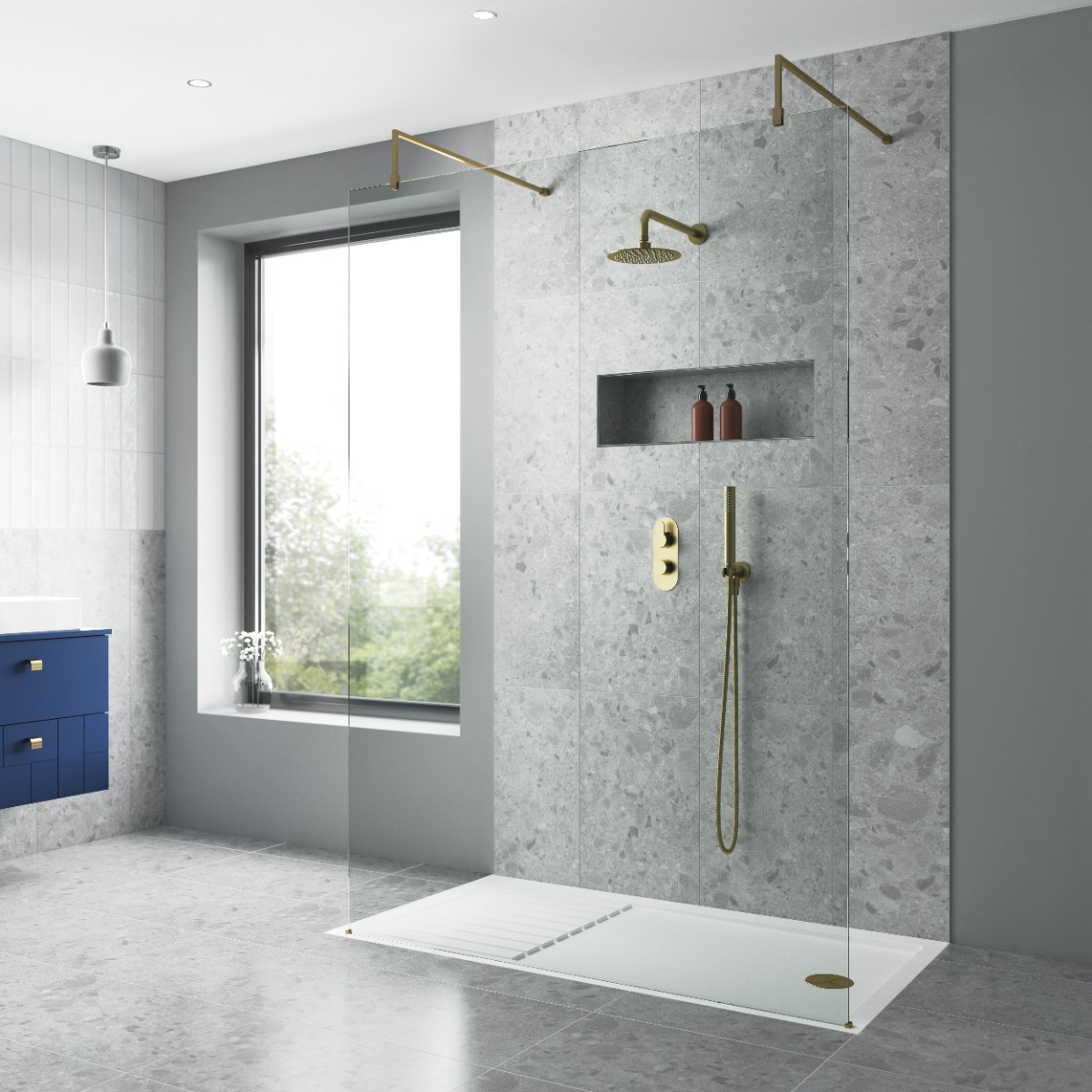 grey and brass wet room shower